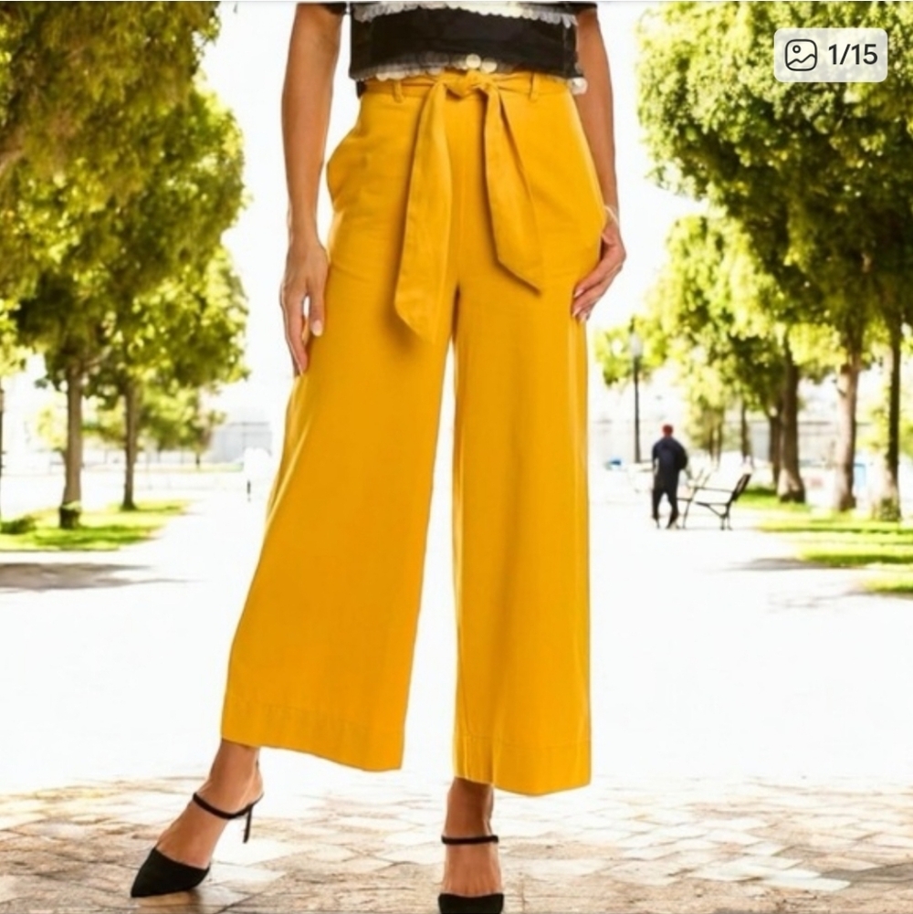 Frances Valentine Mustard Wide Leg Tie-Waist Pants